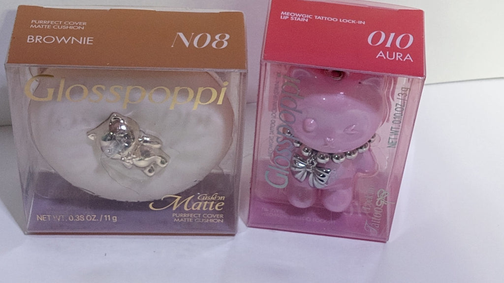 Glosspoppi Purrfect Cover Matte Cushion N08 Brownie + Meowgic Lip Stain 010 Aura Set