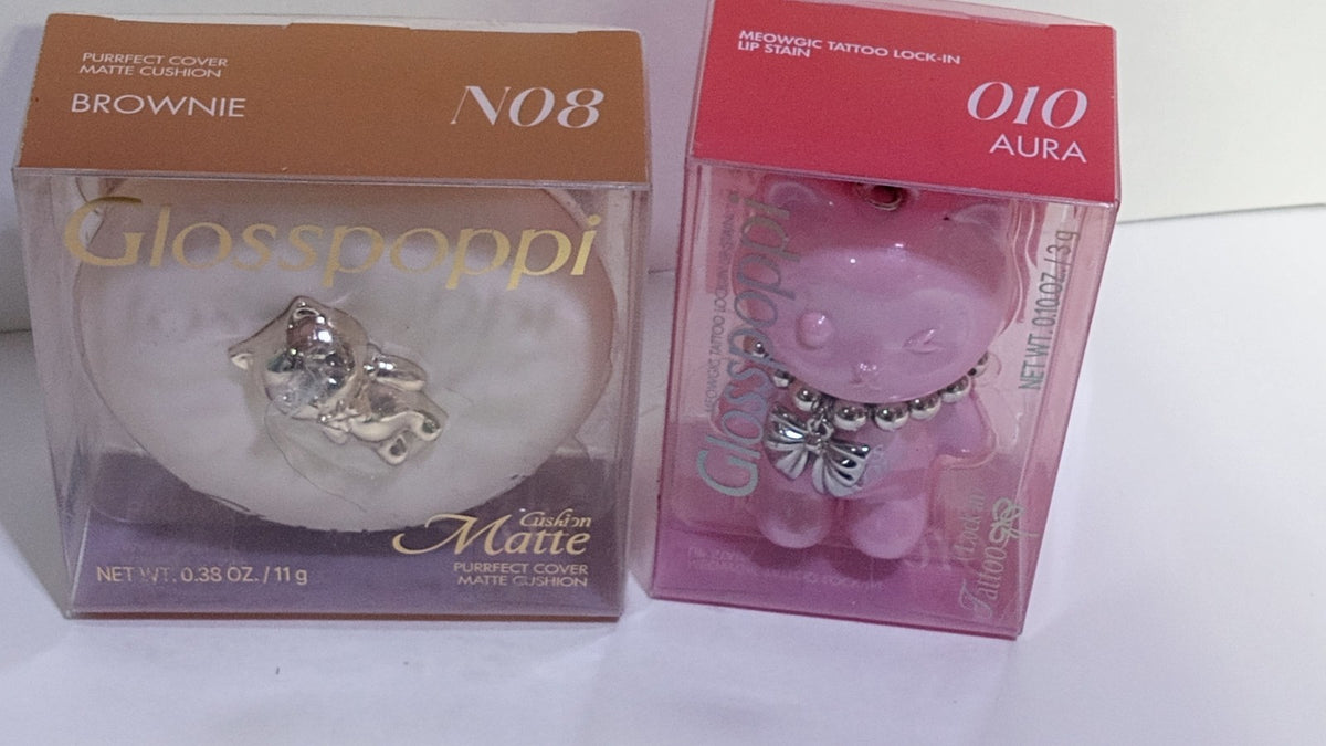 Glosspoppi Purrfect Cover Matte Cushion N08 Brownie + Meowgic Lip Stain 010 Aura Set