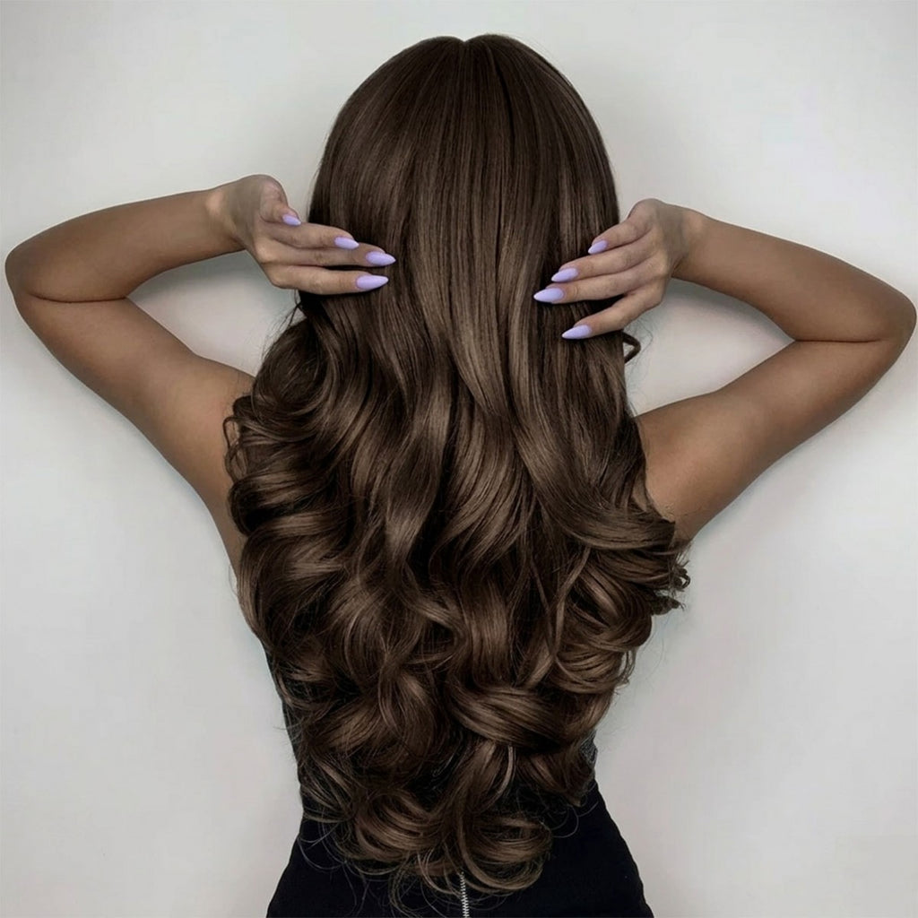 Women Dark Brown Long Wavy Synthetic Costume Wig with Bangs