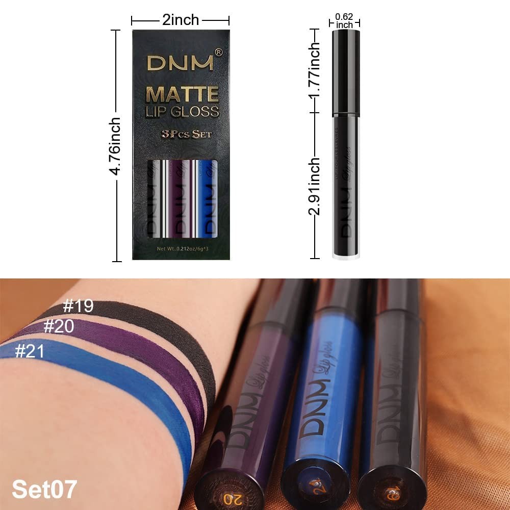 Liquid Lipstick Set 3Pcs Matte Purple Black Blue Long Lasting Lip Color for Women