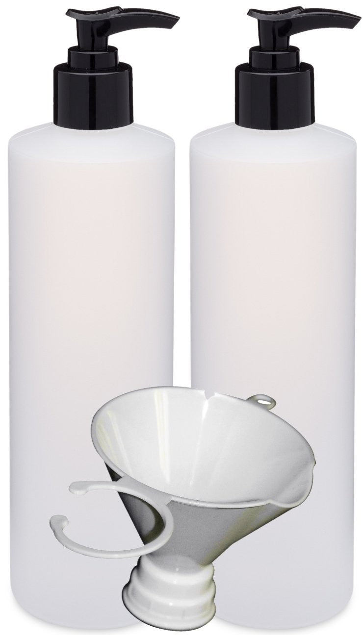 Two Pack 16 oz Refillable HDPE Pump Bottles with Patented Screw-On Funnel