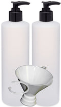 Two Pack 16 oz Refillable HDPE Pump Bottles with Patented Screw-On Funnel