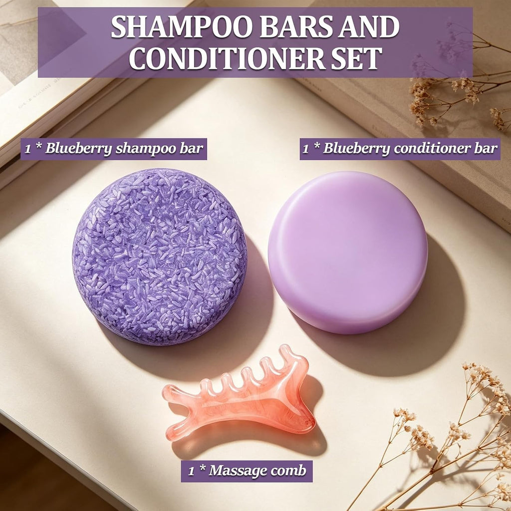 Blueberry Hair Shampoo & Conditioner Bar Set for Thinning & Frizzy Hair - 2 Pack