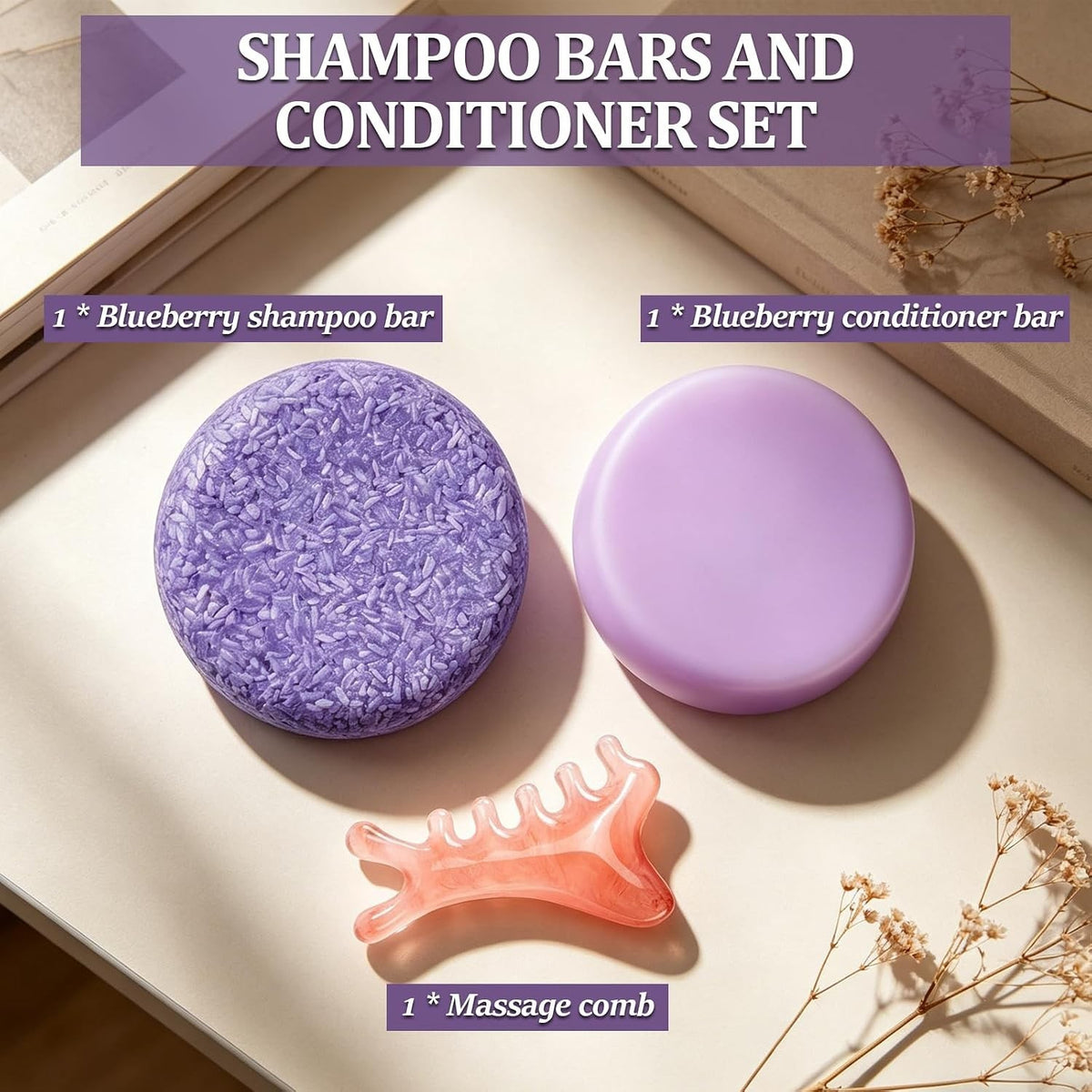 Blueberry Hair Shampoo & Conditioner Bar Set for Thinning & Frizzy Hair - 2 Pack