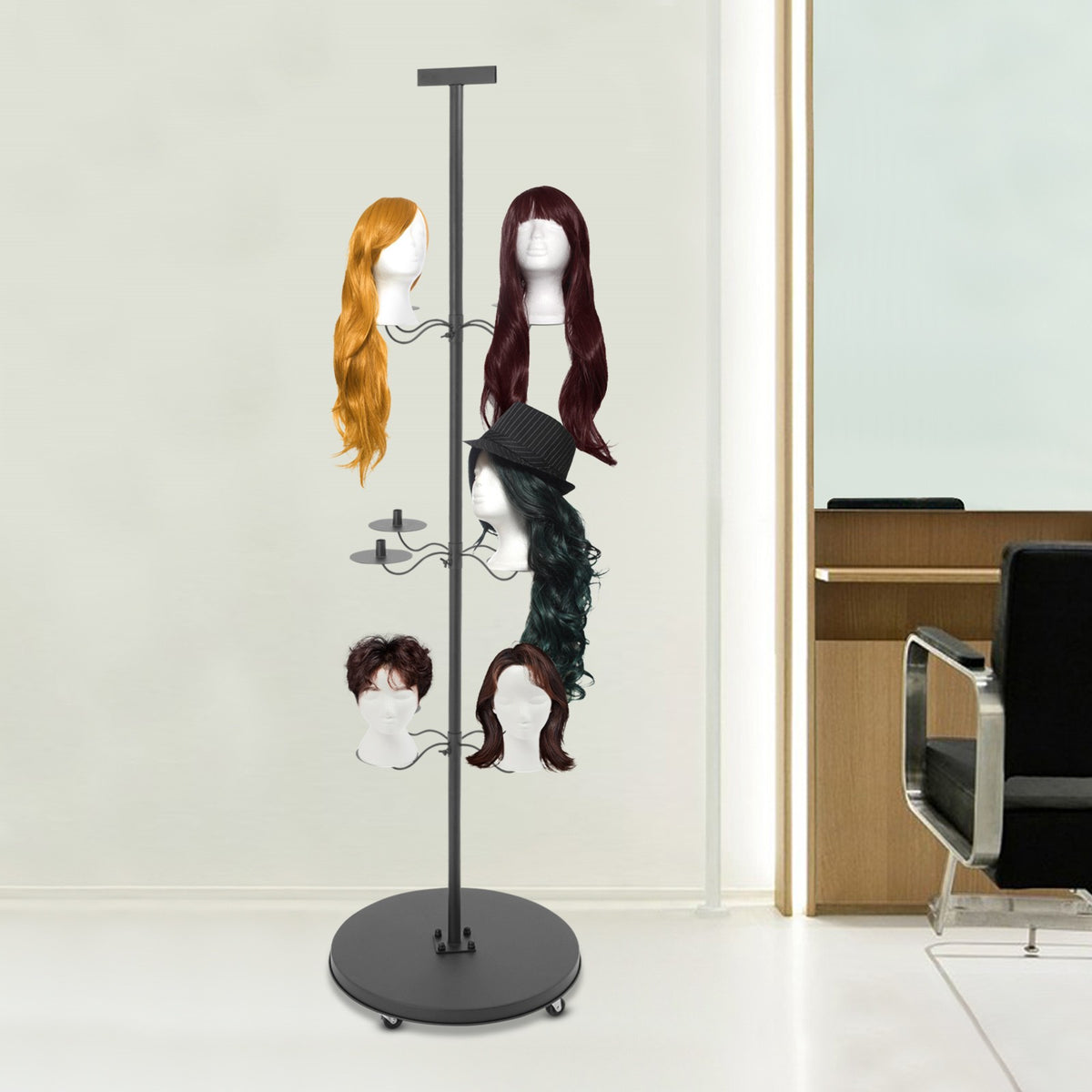 12-Head Wig Display Stand with Rotating Tiers and Wheels - Black Salon Organizer
