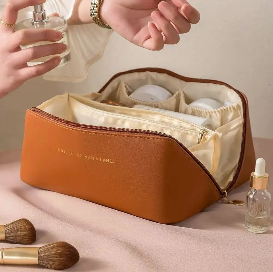Large PU Leather Makeup Bag Travel Organizer with Zipper - Multiple Colors