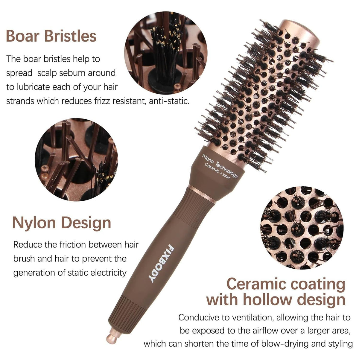 Nano Ceramic Round Hair Brush for Thick Hair 1.25 Inch Barrel - Salon Quality Styling Tool