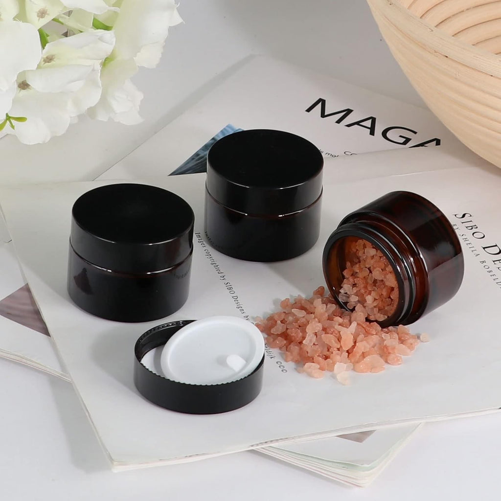 1 oz Amber Glass Jars with Black Lids – 24 Pack Cosmetic Storage Containers