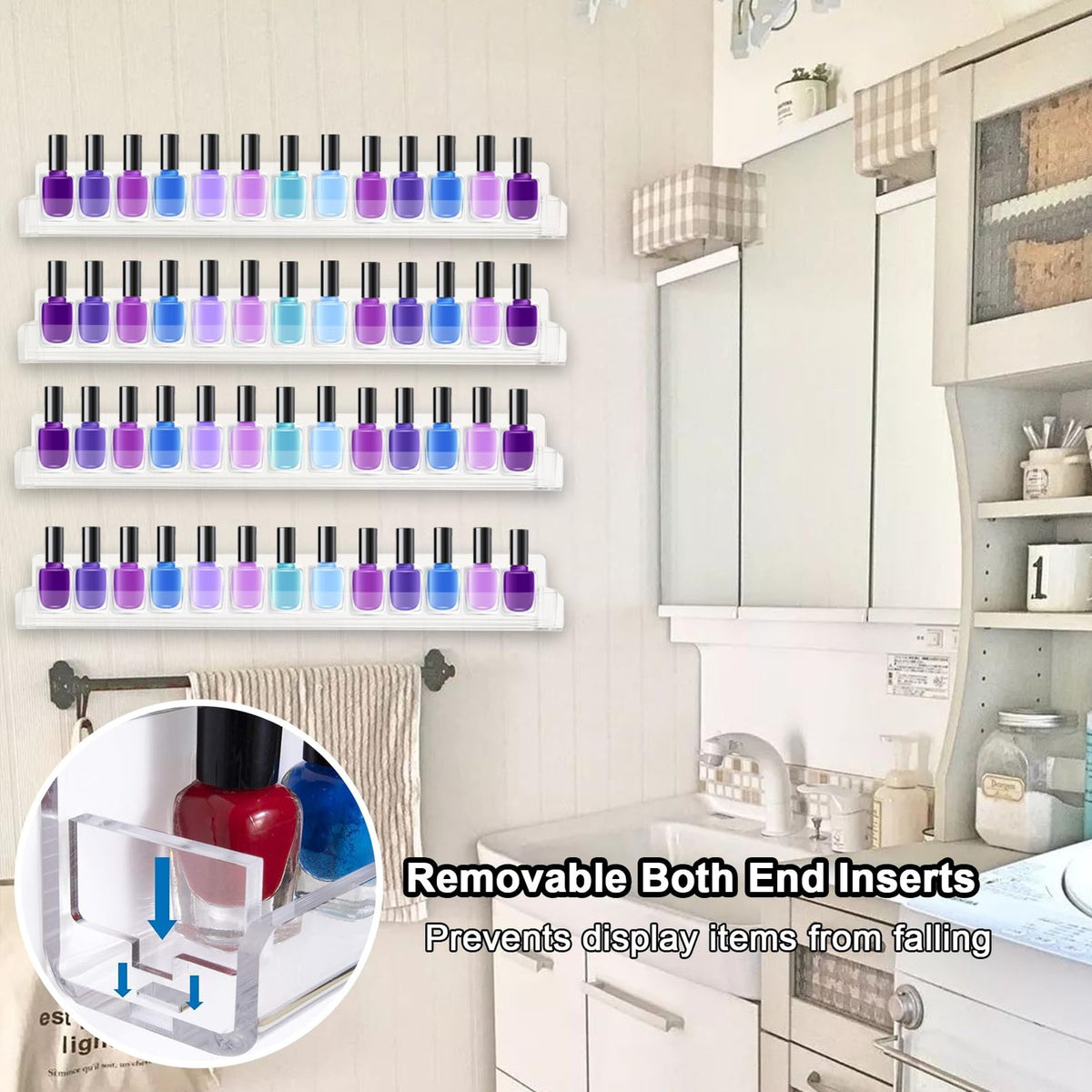 Wall Mounted Nail Polish Rack Set with Removable Anti-Slip End Inserts