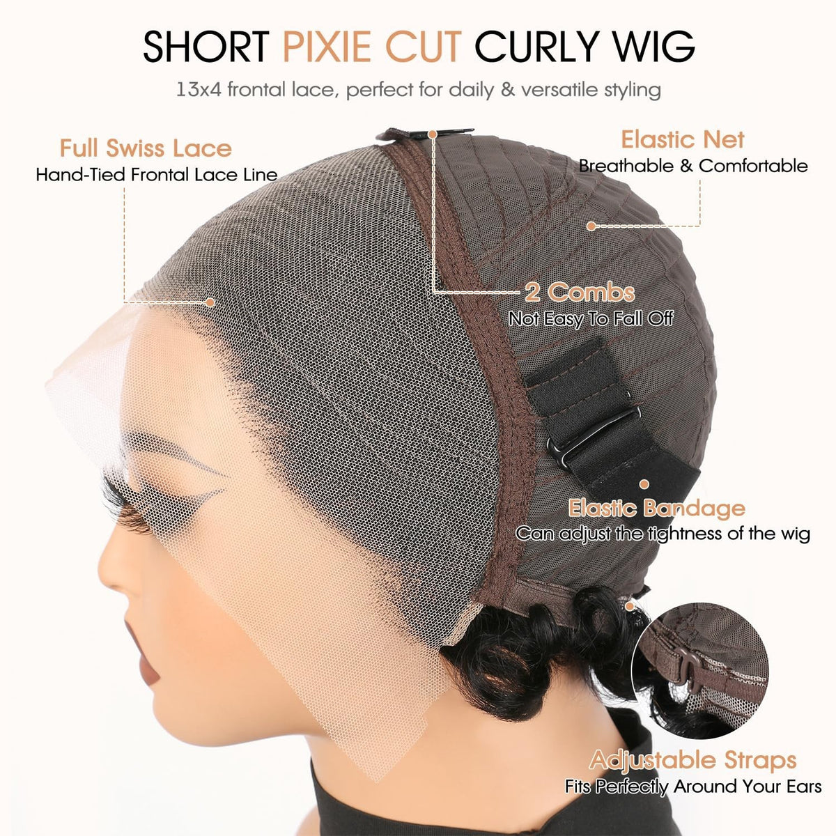 Short Curly Pixie Wig 13x4 Lace Front Human Hair Natural Black Style