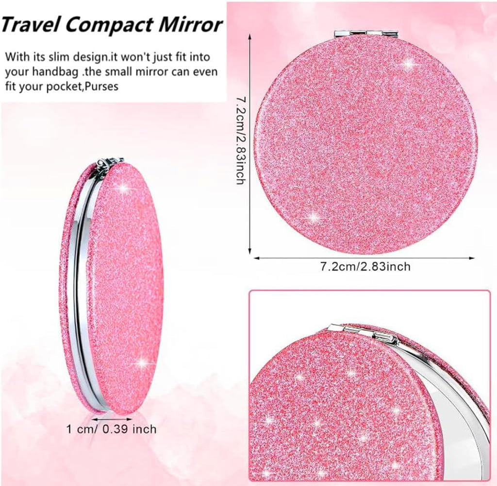 Pink Compact Travel Mirror with 1X & 2X Magnification - Folding Pocket Makeup Mirror