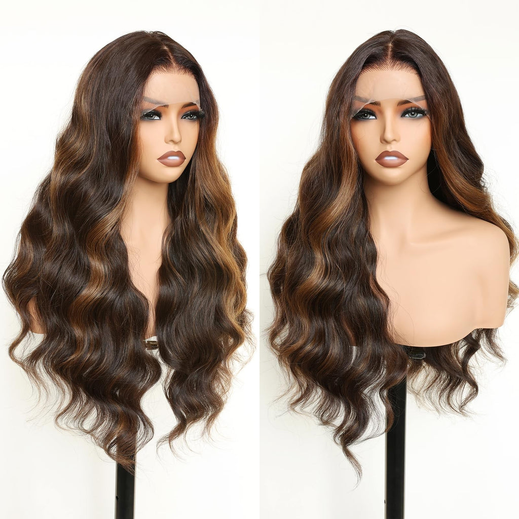 28 Inch Body Wave Lace Front Wig with Balayage Highlights - HD Lace, Pre-Plucked, Heat-Resistant Synthetic Wig
