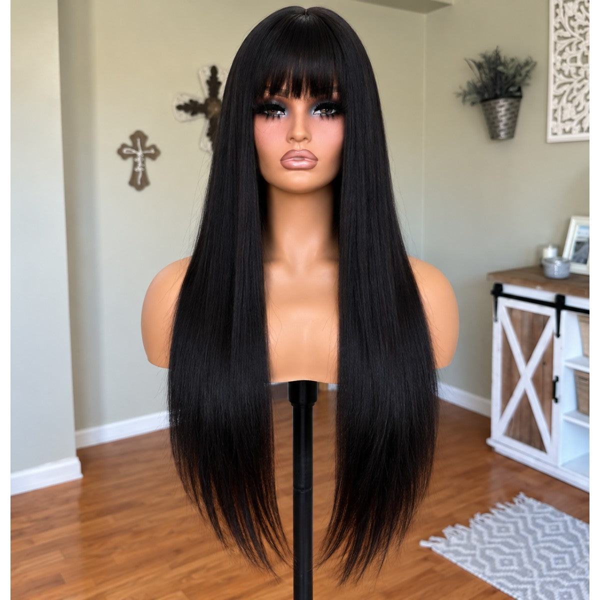 Long Straight Women’s Synthetic Wig with Fringe - Black