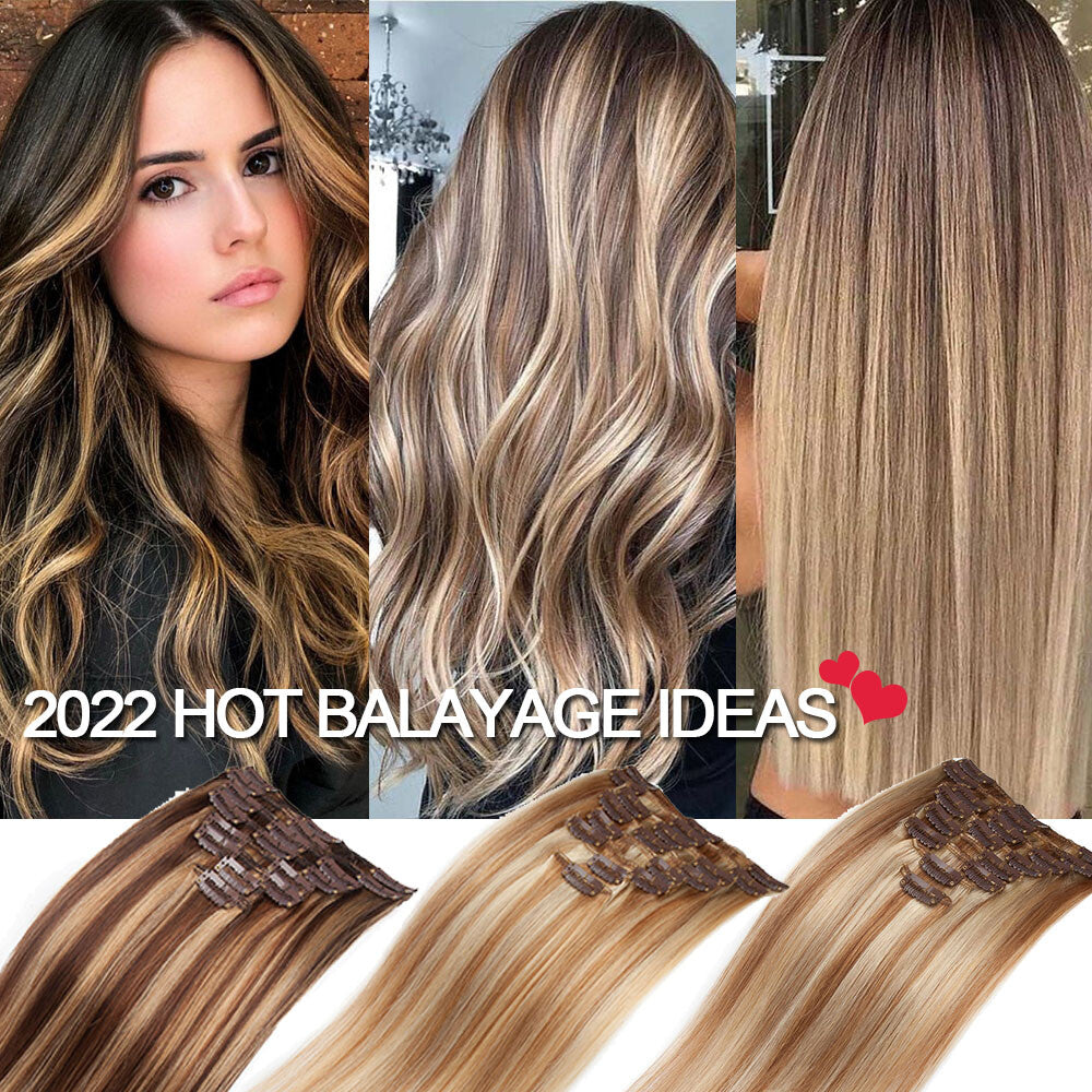 Clip-In Hair Extensions Full Head Remy Human Hair Balayage & Ombre