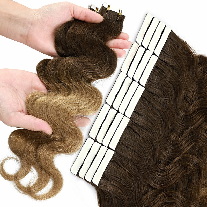 Remy Human Hair Tape-In Extensions Wavy Full Head 200g 80pcs - Multiple Colors & Lengths