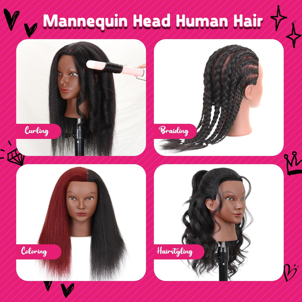 Mannequin Head with Human Hair 16 Inch Tripod Set for Hair Styling & Education