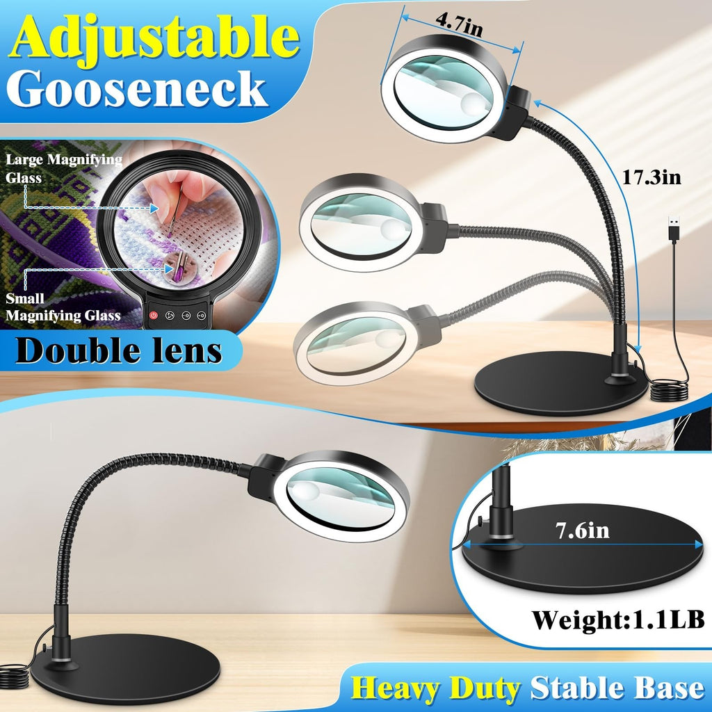 10X 30X LED Magnifying Glass with Light and Stand - Dimmable Desk Lamp for Crafts and Close Work