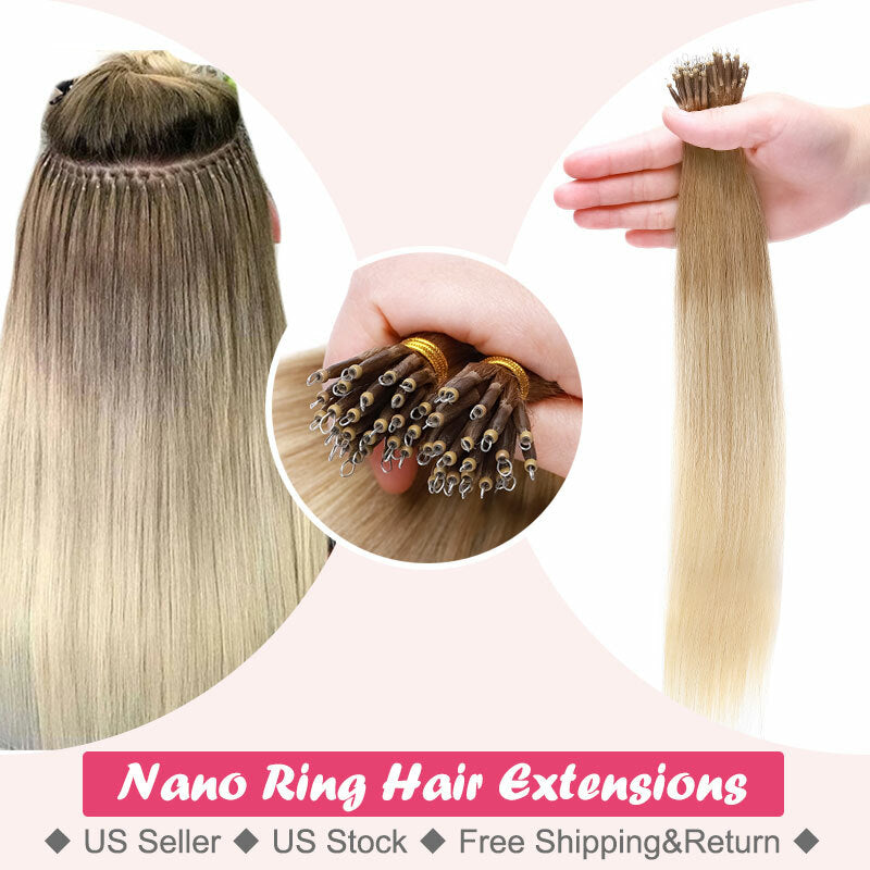 300PCS Human Hair Extensions Nano Ring Beads 16-22in Thick Remy Hair