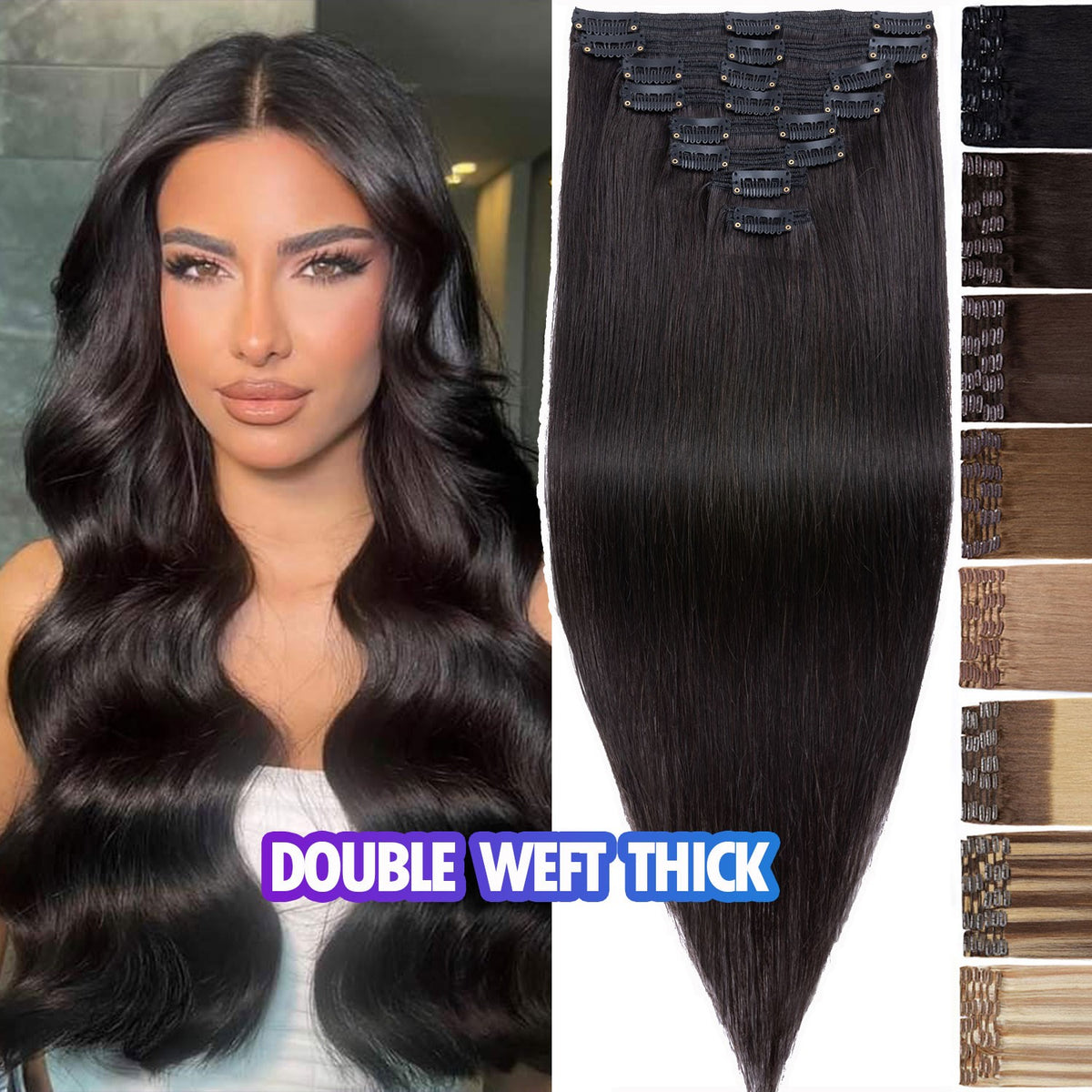 Double Weft Remy Human Hair Extensions Full Head Thick Clip-In Set