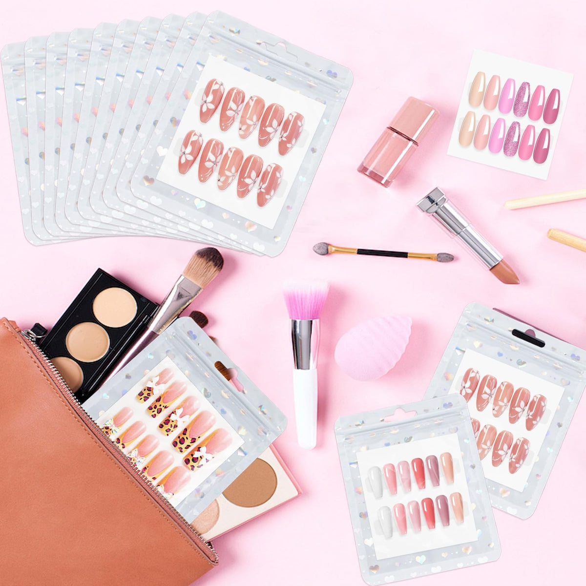 Nail Art Display Kit — 50 Nail Bags, Nail Stand & Cardboards for Press-On Showcases