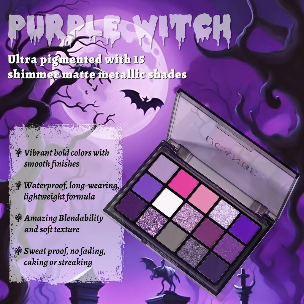 Ultrafine Purple Eyeshadow Palette with Foundation & Lipstick – Halloween Makeup Kit (15 Colors)