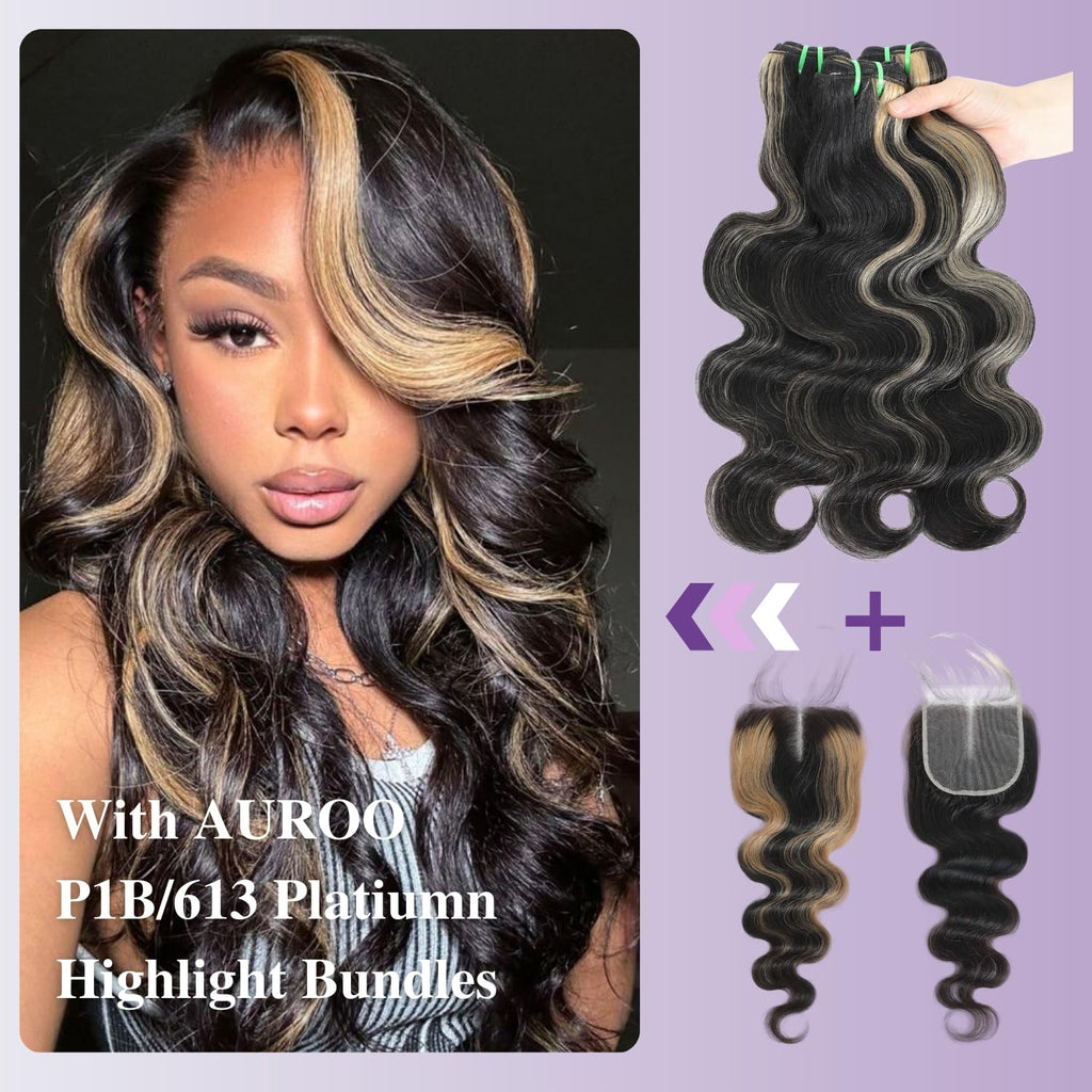 AUROO #27 Skunk Stripe Lace Closure 14 Inch Human Hair Wig 150% Density