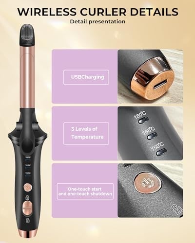 Rechargeable Cordless Travel Curling Iron with 3 Temperature Settings - Mini Hair Curler