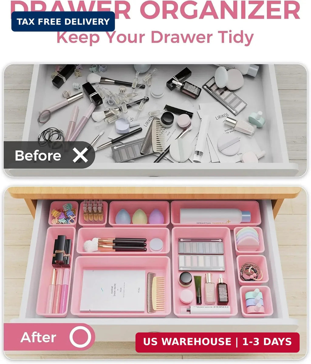 4-Sizes Plastic Drawer Organizers Set — Vanity & Makeup Storage, 25 pcs