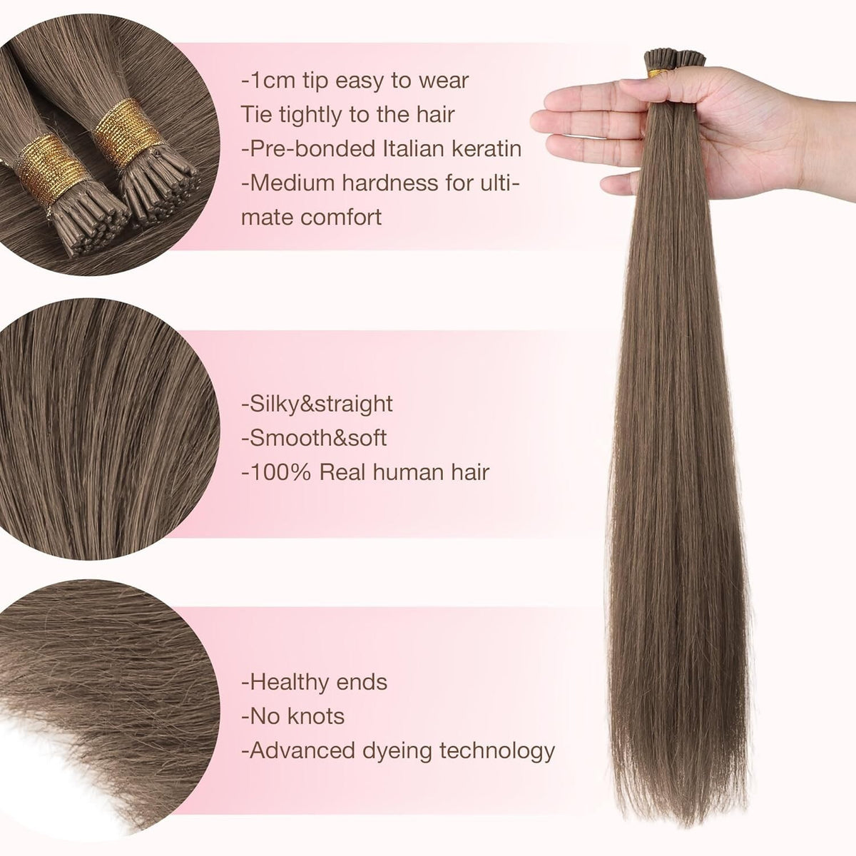 24-Inch Human Hair Extensions I Tip Light Ash Brown 100g Remy Real Hair