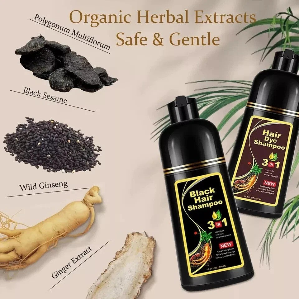 Black Hair Dye Shampoo 3-in-1 Instant Gray Coverage 500mL - Natural Herbal Formula