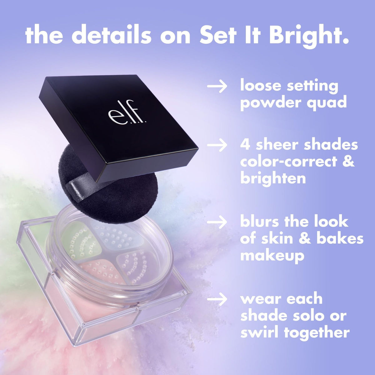 e.l.f. Set It Bright Powder Quad – Light Shade, 0.37 oz, 2 Color-Correcting + 2 Brightening Powders