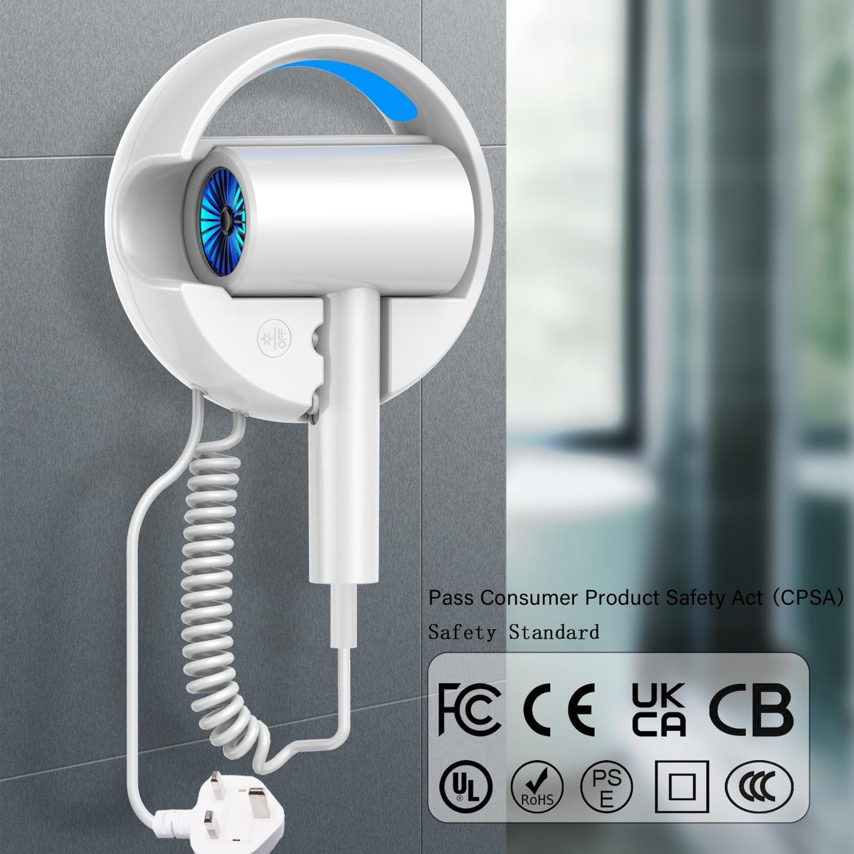 110V Wall-Mounted Hair Dryer with Night Light for Bathroom - Graphite Ash