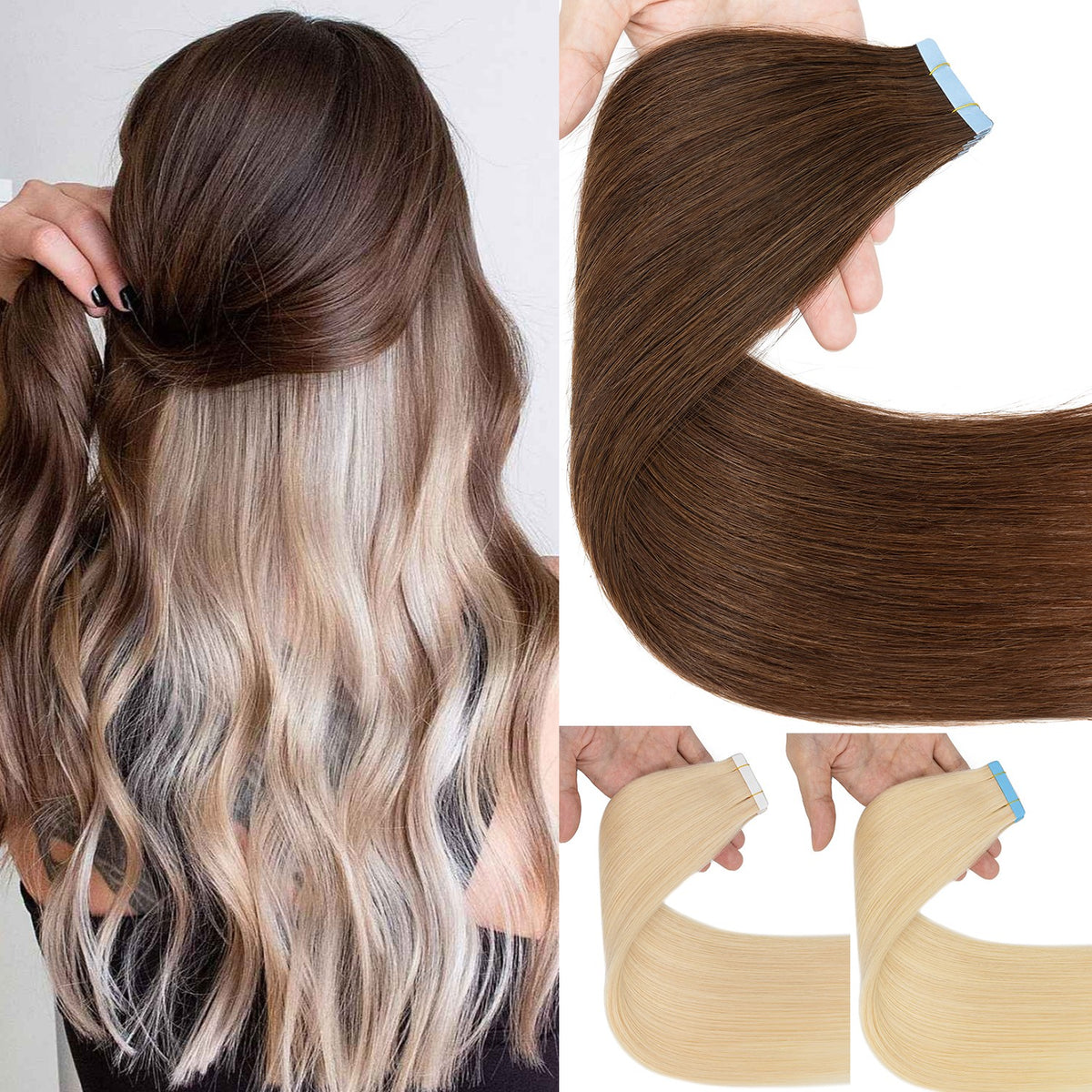 Tape-In 100% Remy Human Hair Extensions Full Head Balayage Ombre