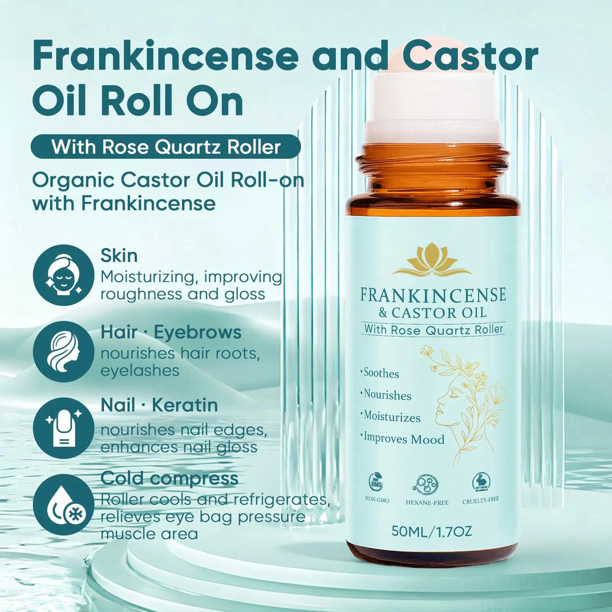 Organic Castor Oil with Rose Quartz Roller for Skin & Hair Care