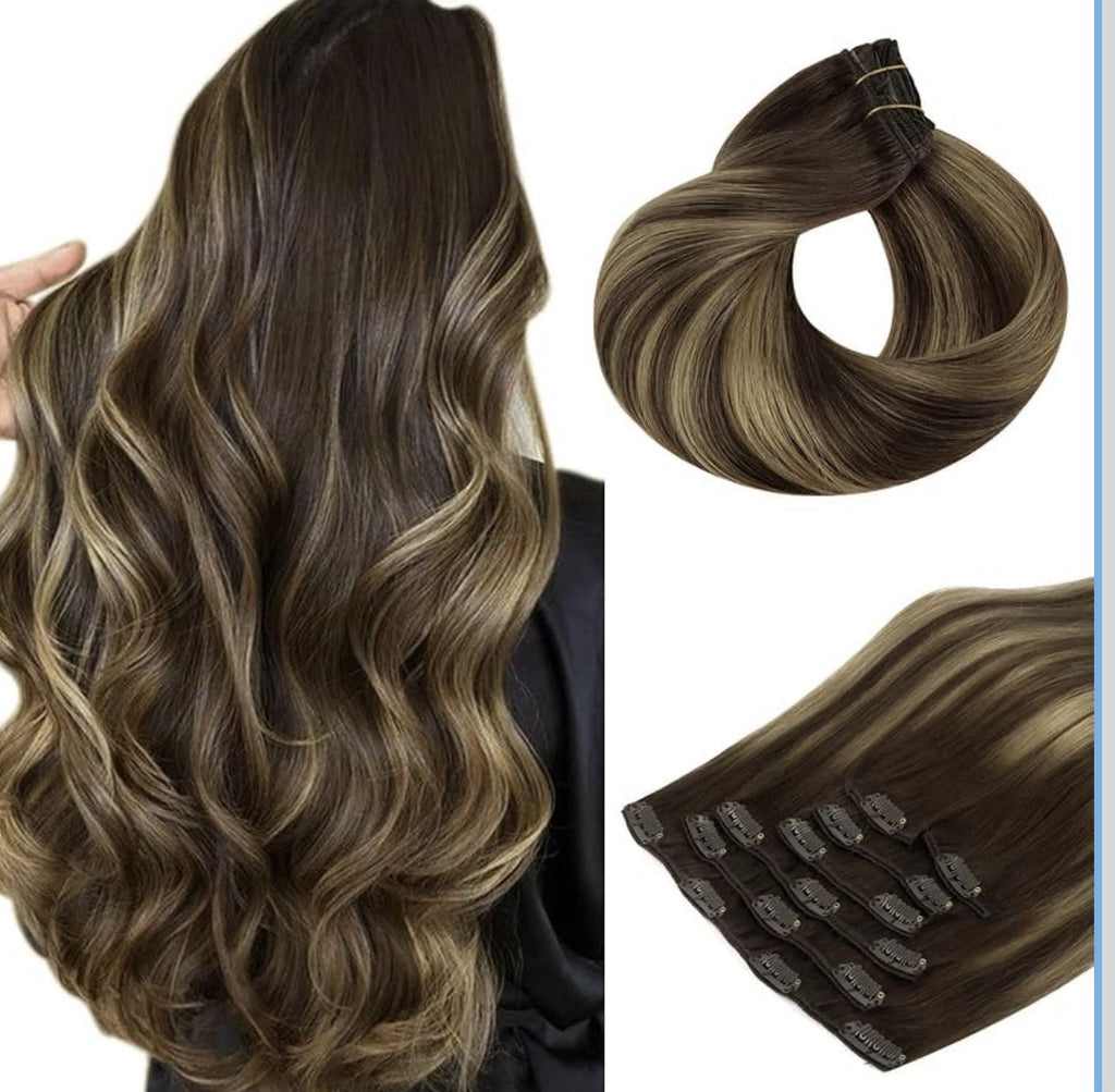 Balayage Human Hair Extensions 18 Inch Clip-In Natural Black to Blonde 7 Pack
