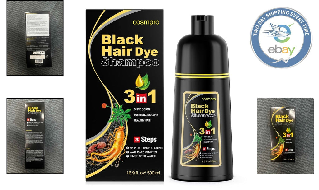 Black Hair Dye Shampoo with Herbal Nourishing 3-in-1 Formula for Gray Hair