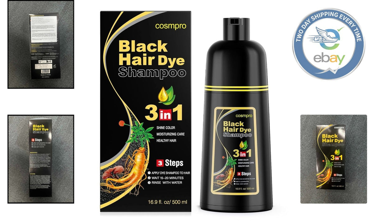 Black Hair Dye Shampoo with Herbal Nourishing 3-in-1 Formula for Gray Hair