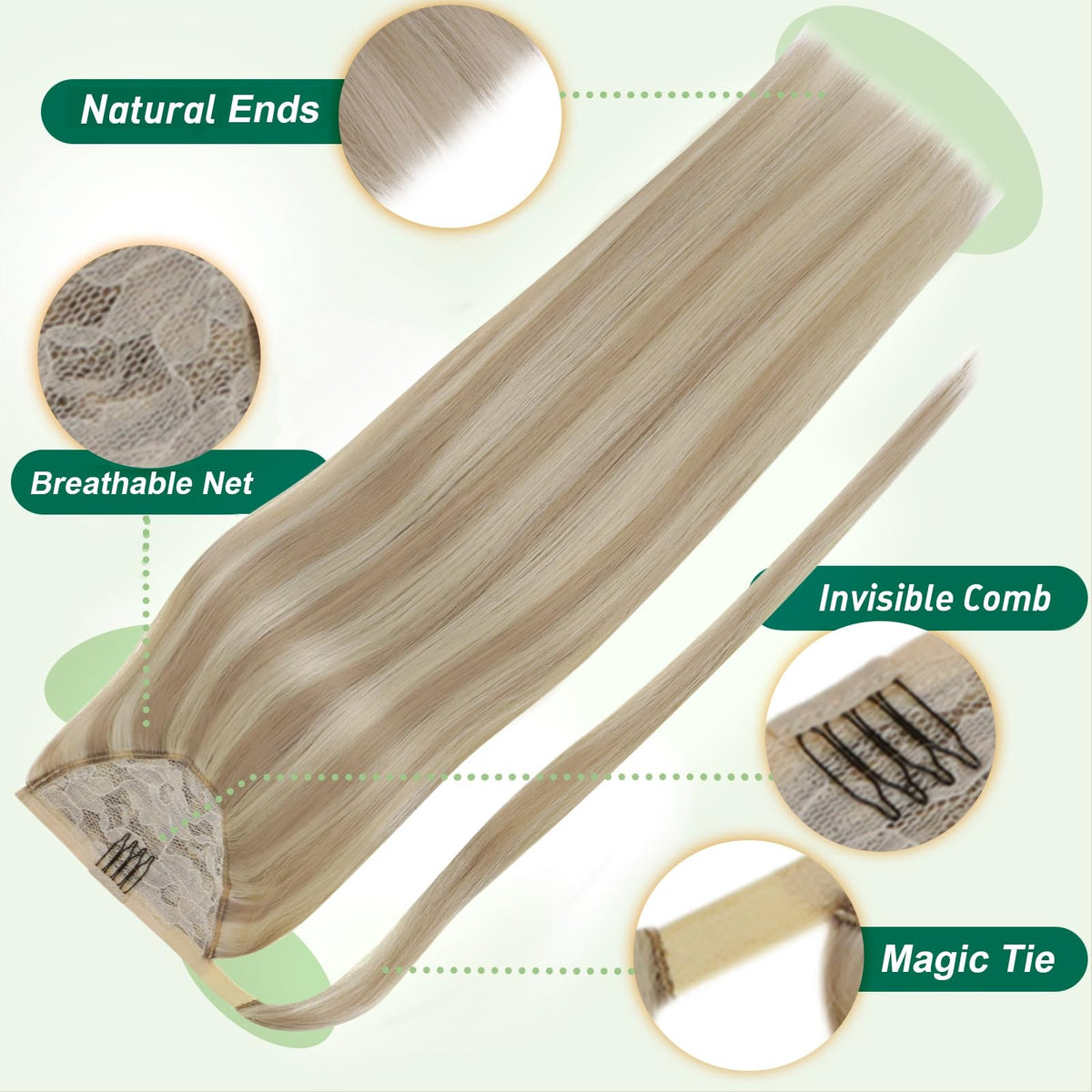 12-Inch Golden Blonde Human Hair Ponytail Extension - Easy Application
