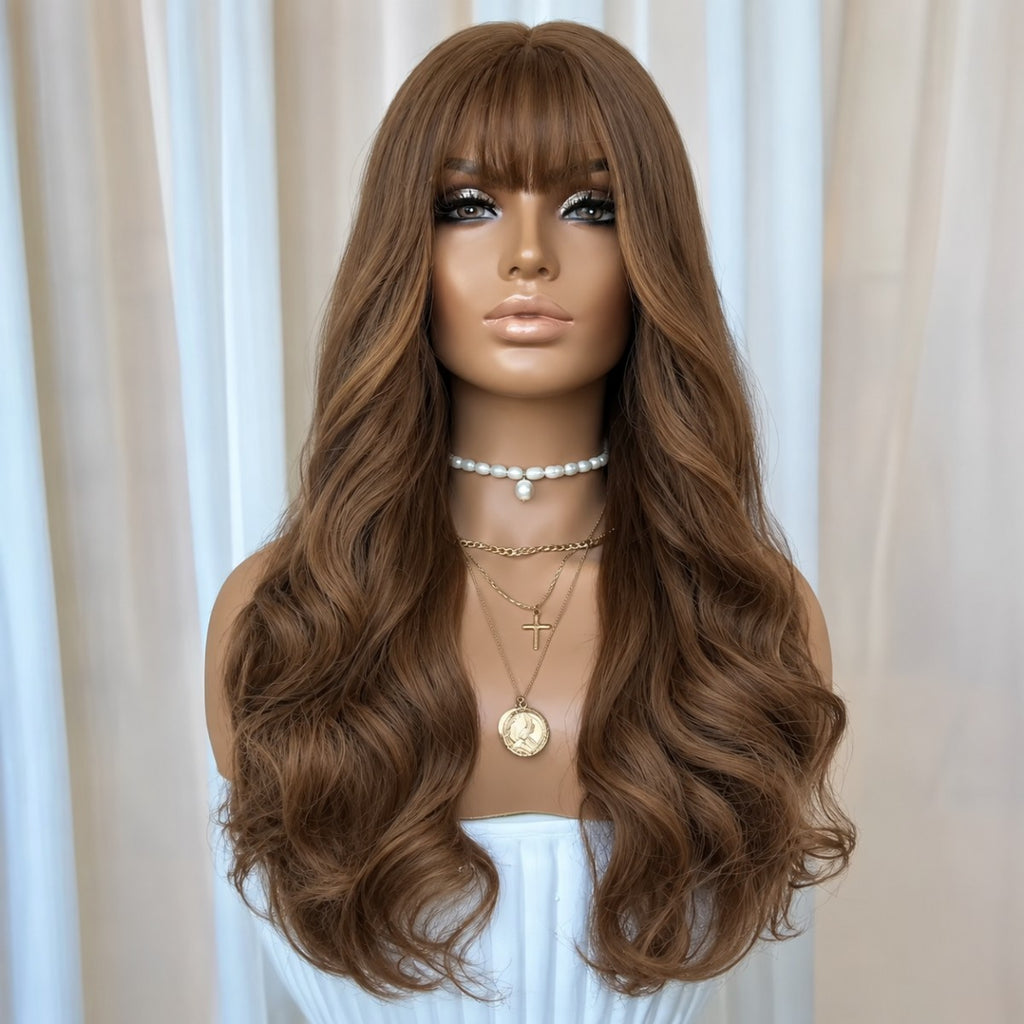Long Wavy Cosplay Wig with Bangs - Medium Brown Synthetic Hair