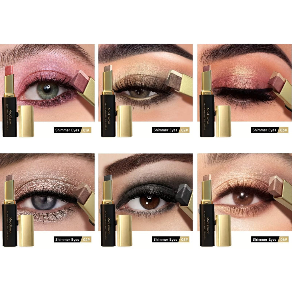 6-Piece Glitter Eye Shadow Sticks Set, Two-Color Gradient Waterproof Shimmer