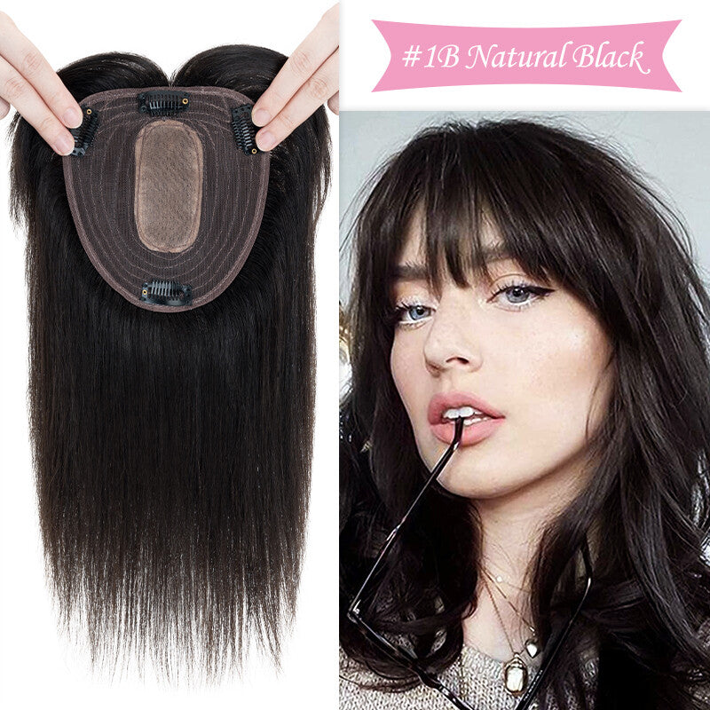 Remy Human Hair Topper Clip-In Hairpiece with Silk Base and Bangs - Multiple Sizes & Colors