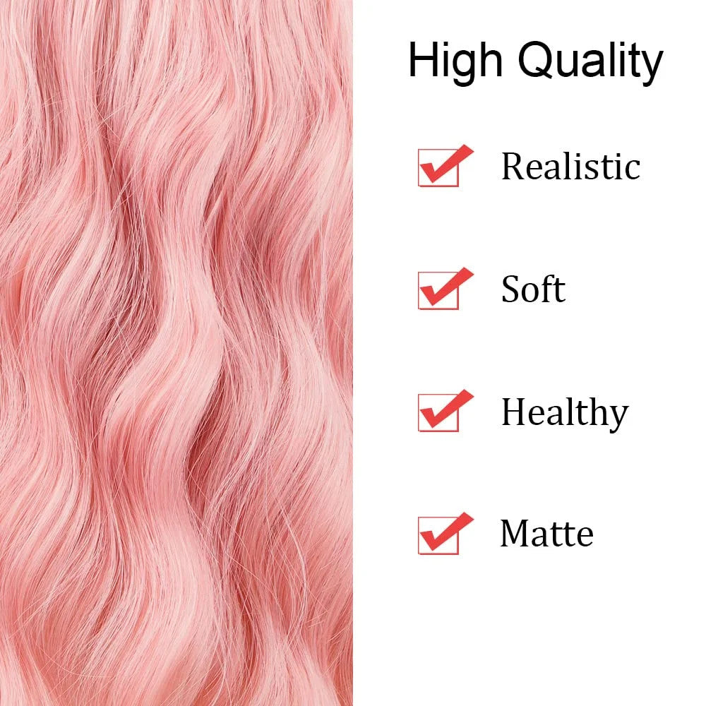 Pink Short Wavy Bob Synthetic Wig with Bangs for Women - Natural Look & Adjustable Fit