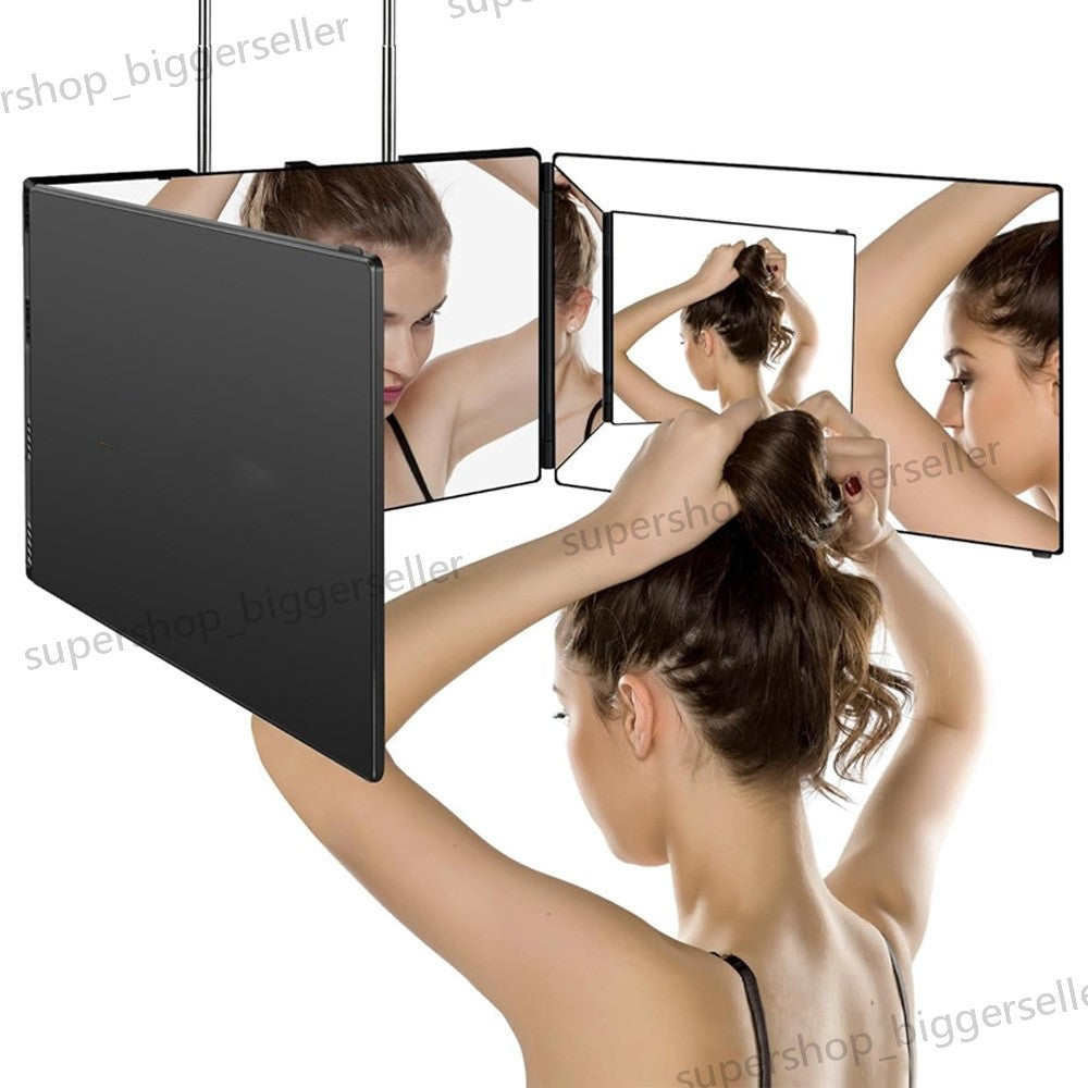 360 Degree Self Hair Cutting Mirror with Tri-Fold Design and Adjustable Hooks