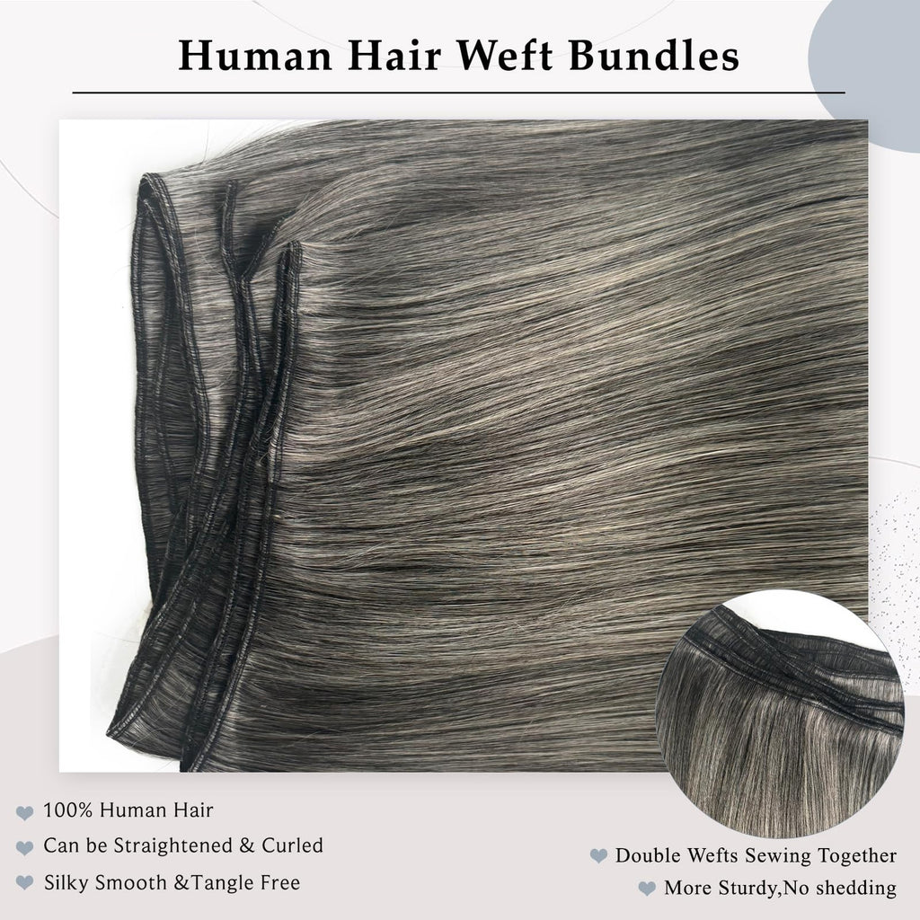 Grey Salt & Pepper Remy Human Hair Wefts 16 Inch Sew-In Extensions