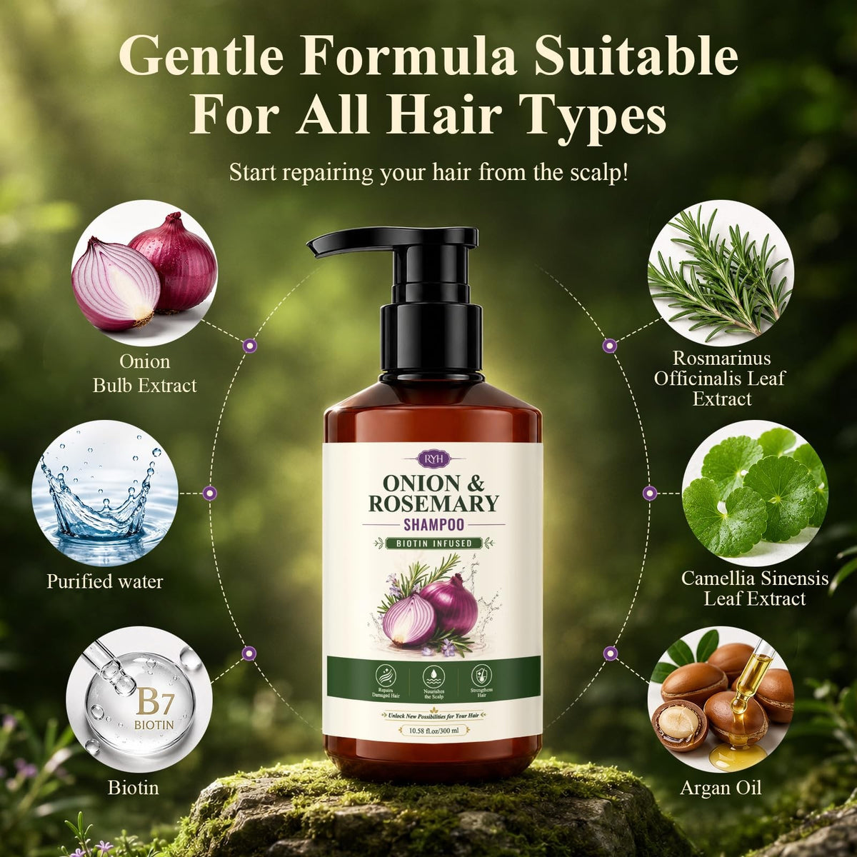 Onion Hydrosol Shampoo for Hair Growth with Biotin & Rosemary - Natural Hair Thickening Cleanser