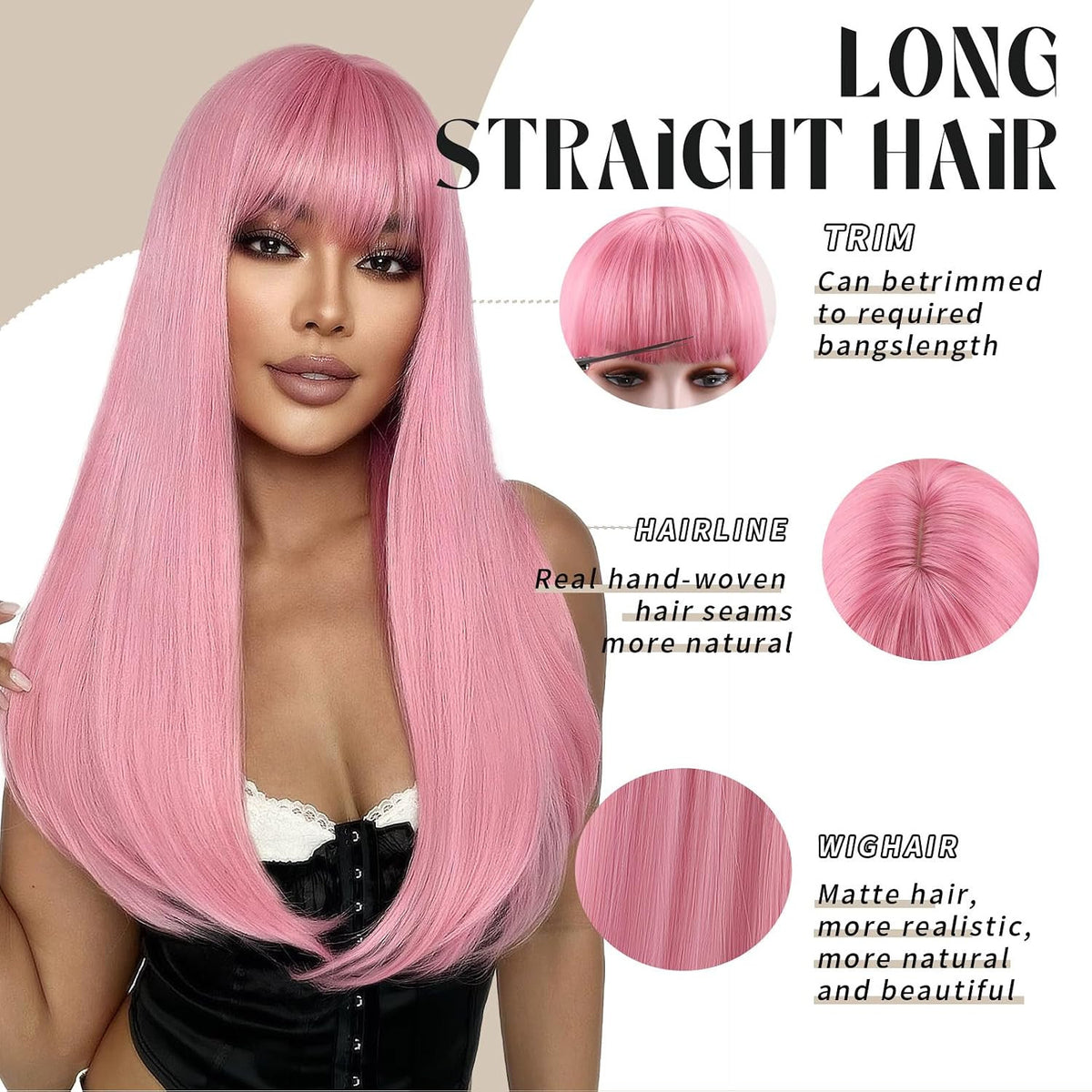 Pink Wig with Bangs - Long Straight 22 Inch Synthetic Hair for Women