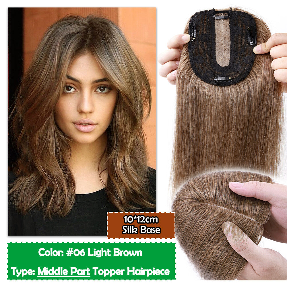 Human Hair Topper Hairpiece with Clip-In Mono Silk Base for Thinning Hair