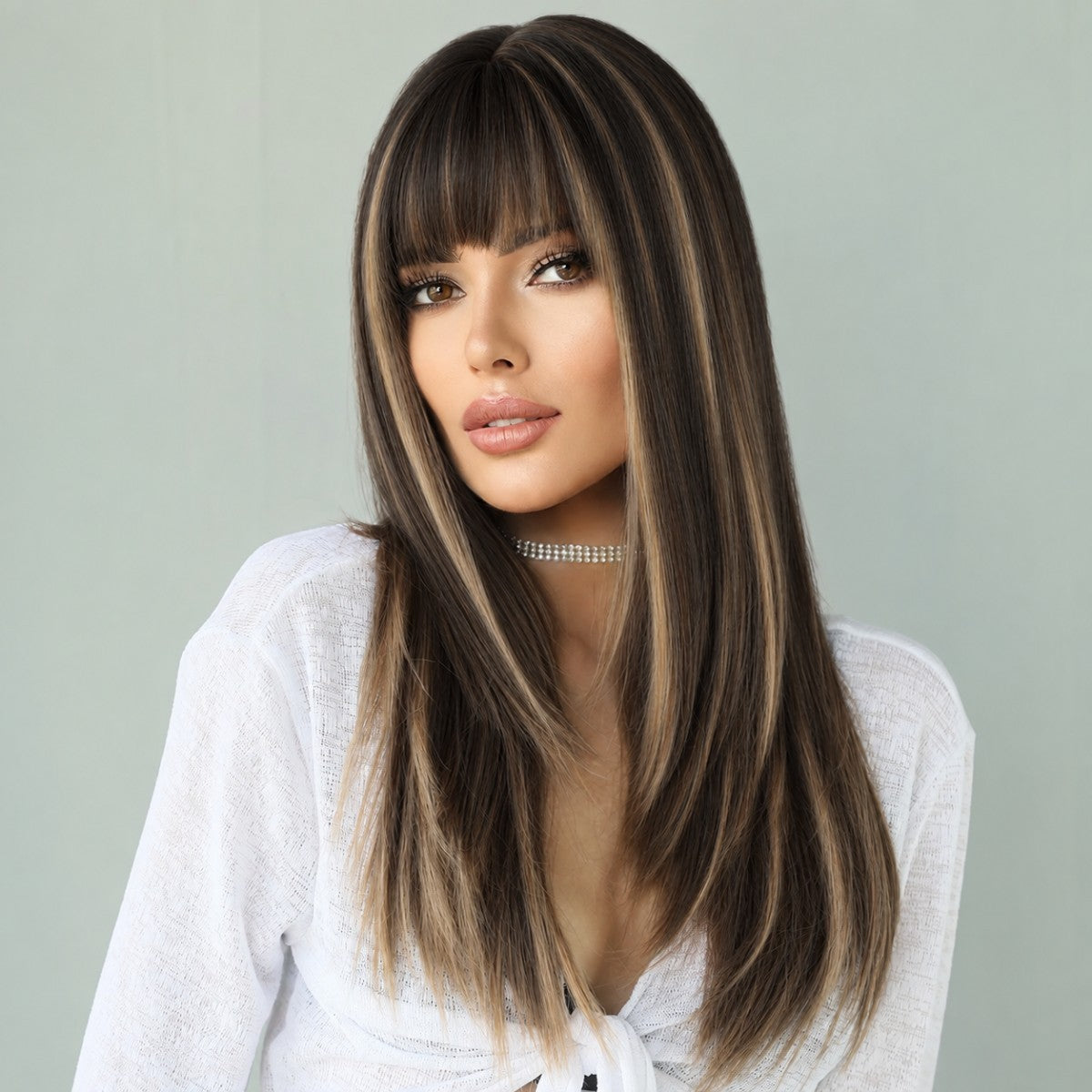 Long Straight Black Brown Synthetic Wig with Bangs for Cosplay & Fashion