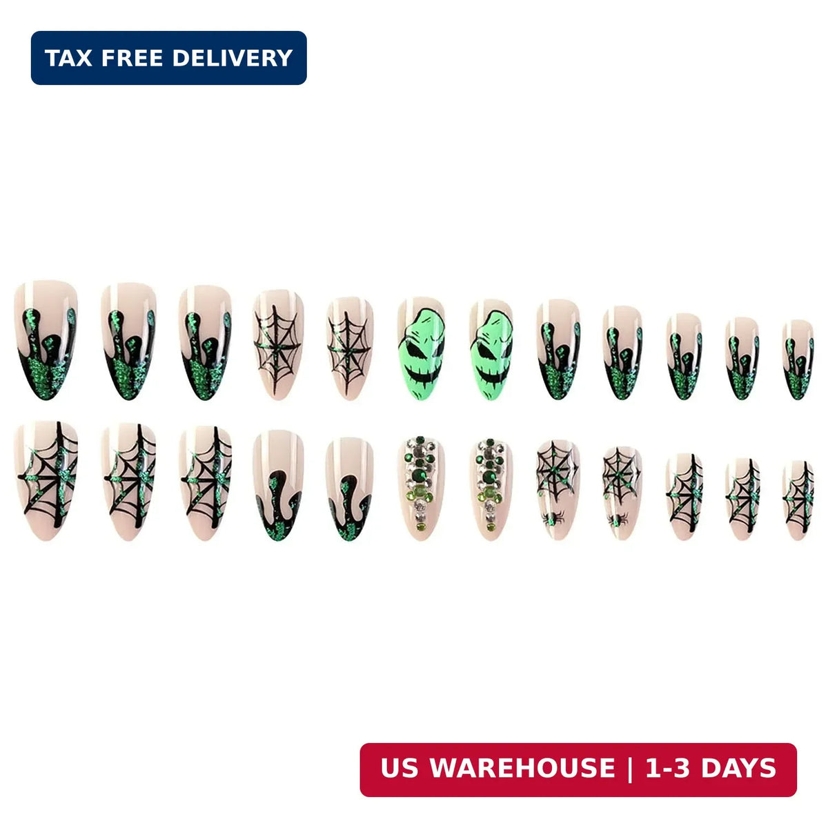 Halloween Press On Nails Medium Almond Nude with Green Spider Web - 24 Pack