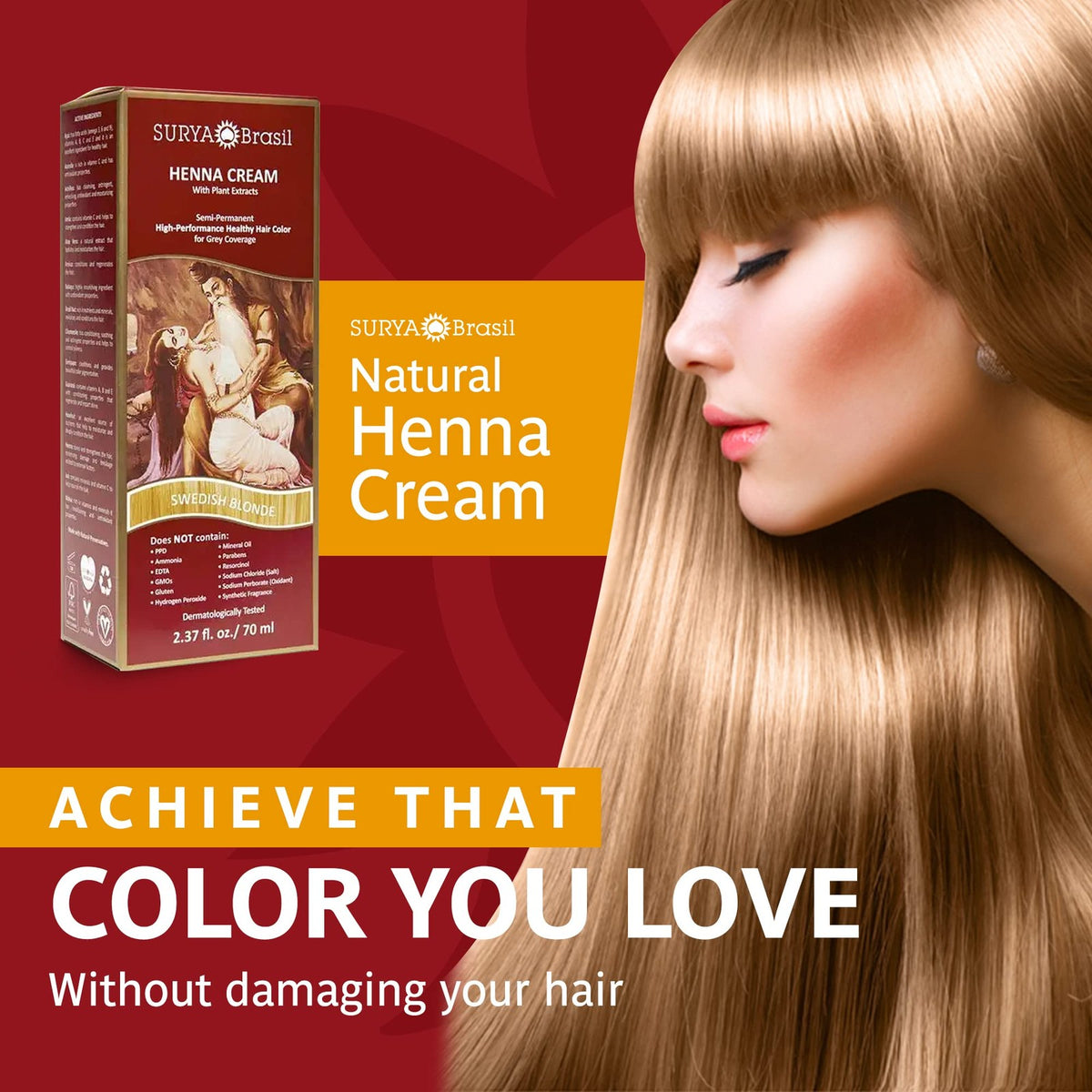 Vegan Blonde Henna Hair Coloring Cream 2.37oz - Cruelty-Free & Safe for Color-Treated Hair